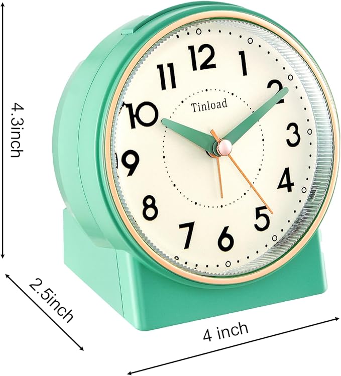 Tinload 4.3" Retro Analog Alarm Clock, Vintage Decor, No Ticking Silent, Easy to Set, Gradual Rise Alarm, On/Off Switch on Side, Gentle Wake, Snooze, Lighted on Demand, Battery Operated, Retro Green