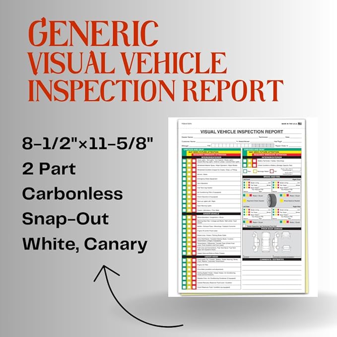 Visual Vehicle Inspection Report – 2-Part Carbonless Vehicle Checklist, Snap-Out Auto Service Forms, Fleet Maintenance Logs, Car Checkup Sheets - White & Canary 8.5"×11" - Pack of 250