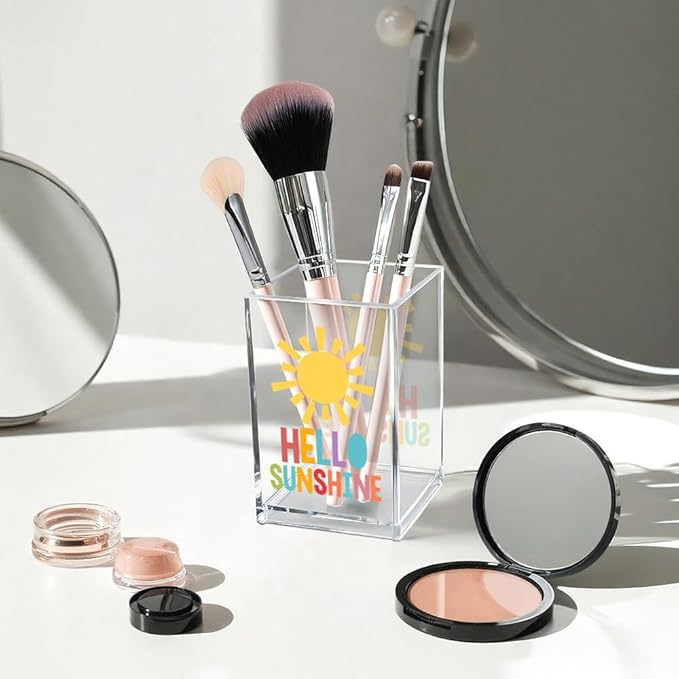 Vgrti Hello Sunshine Acrylic Cosmetic Pencil Pen Holder Cup, Inspirational Sunshine Desk Organizer Accessories for Home Office Decor, Motivational Appreciation Gifts for Coworker Teacher Secretary