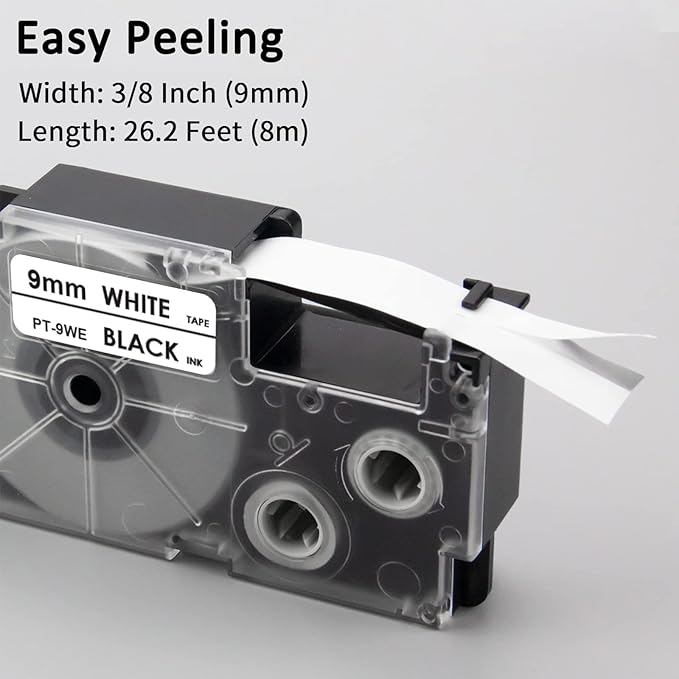 Pristar Replace for Casio XR-9WE XR9WE XR-9WE2S 9mm Labeling Tape 3/8" Black On White Label Tape Compatible with Casio EZ Label Printers KL-60 KL-100 KL-120 KL-430 KL-750 KL-780 KL-7200, 6-Pack