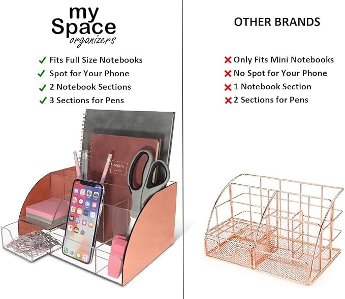 My Space Organizers Rose Gold Desk Organizer, Acrylic, 9 Compartments, Office Supplies Desk Accessories Organizer with Drawer, Pen Holder, Office Decor Desktop Organization (Rose Gold)
