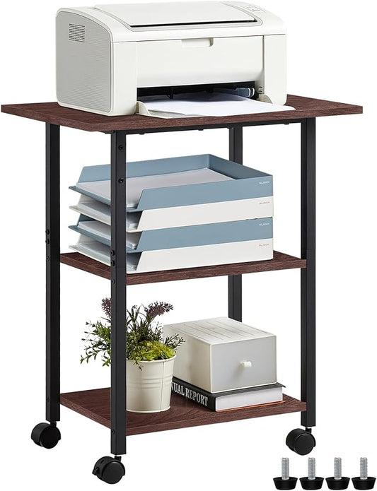 Lerliuo 3-Tier Printer Stand, Industrial Mobile Printer Table with Storage Shelf and Steel Frame, Rolling Printer Cart Holder with Lockable Wheels for Home, Office (Walnut)
