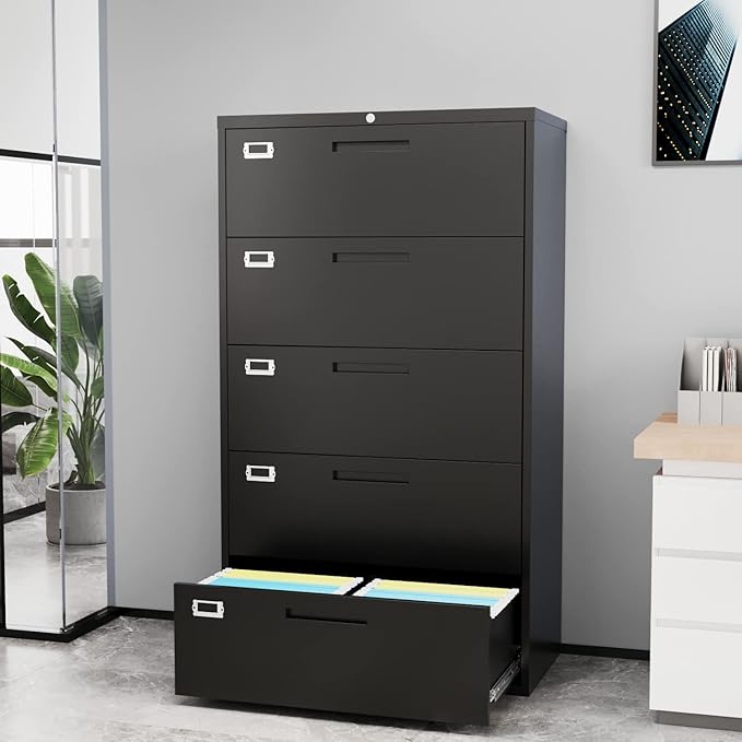 Fesbos Lateral File Cabinet with 5 Drawers - Metal Steel Filling Cabinets for Home Office - Lockable Storage Cabinet for Hanging Files Letter/Legal/F4/A4 Size-Assembly Required