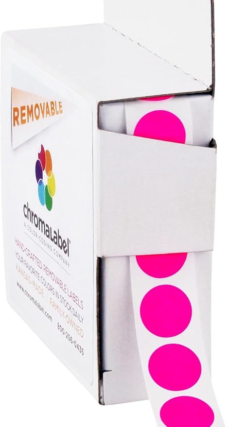 ChromaLabel 1/2 Inch Round Colored Stickers, High Visibility Removable Sticky Dots Color Coding Labels, Easy to Write On Dot Sticker - 1000 Stickers per Dispenser Box, Matte Finish Fluorescent Pink