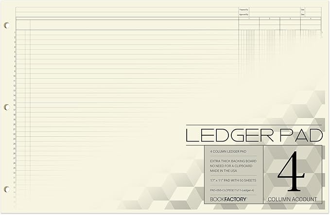 BookFactory Ledger Pad/Large 4 Column Accounting Ledger Columnar (Four Columns) Pads - 17'' x 11'', 50 Pages, Notepad Landscape Format (Made in USA)