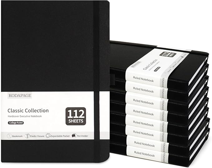 KODAPAGE Black A5 Liend Journal Notebook, 7mm College Ruled Notepad, Journaling for Writing, Work, School, Travel and Note Taking, Hardcover 224 Pages (112 Sheets) 5.5 x 8.3 inches (8 Pack)