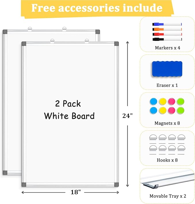 AMUSIGHT 2 Pack Double-Sided Magnetic Whiteboard, 24" x 18" Dry Erase Board, Aluminum Frame White Board for Wall, Hanging Mounting White Board Dry Erase Marker Board for Office, School, Home