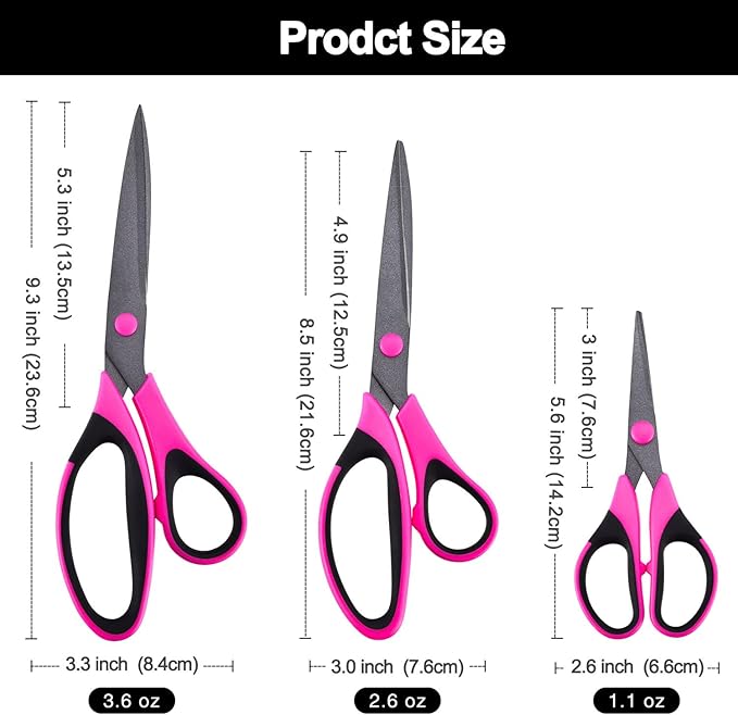 Zicolu Craft Scissors Set, Sharp Scissors All Purpose Heavy Duty, Teflon Non-stick Titanium Coated, Ergonomic Grip, Ideal for Sewing Fabric DIY&Arts Scrapbook School Office Supplies, 9.3''/8.5''/5.6"