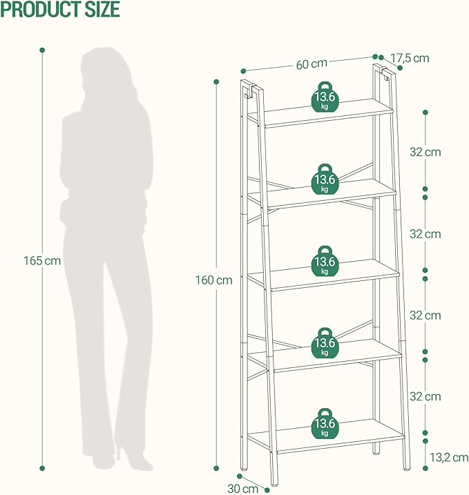 Hzuaneri Ladder Shelf, Bookshelf Bookcase, Freestanding Corner Storage Shelve with 2 Hooks for Home Office, Living Room, Kitchen, Bedroom, Industrial, 11.8" D x 23.6" W x 63" H, Black BC19304B