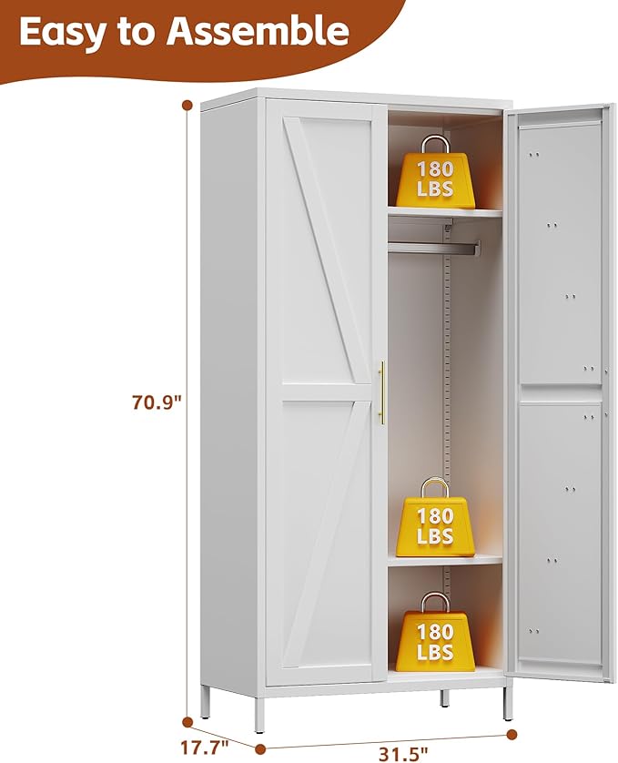 SUPEER Metal Wardrobe Cabinet with Hanging Rod,Metal Wardrobe Closet with Doors and Adjustable Shelves, Armoire Closet Locker for Home,Office,H70.9 X W31.5 X D17.7,Installation Required,White
