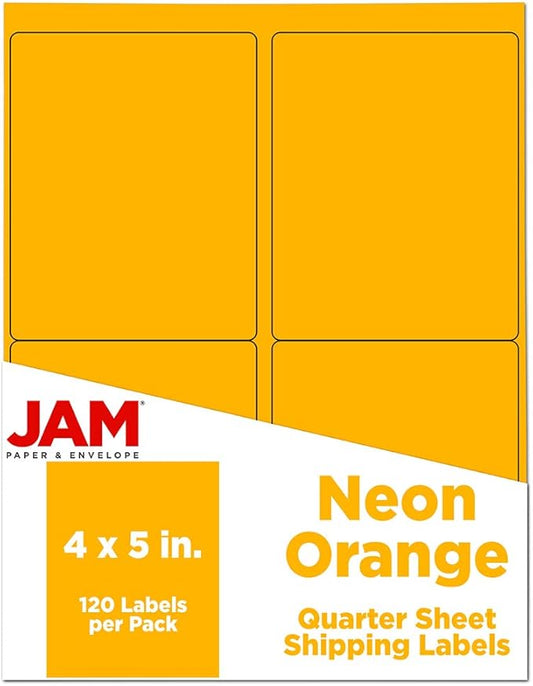 JAM Paper Mailing Address Labels - Extra Large - 4" x 5" - Neon Fluorescent Orange - 120/pack