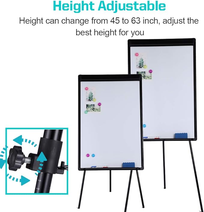 DexBoard Dry Erase Easel 36" x 24", Height Adjustable Magnetic White Board with Tripod Stand, Office Presentation Board with 25 Sheets Flipchart Paper Pad, Magnets & Eraser, Black