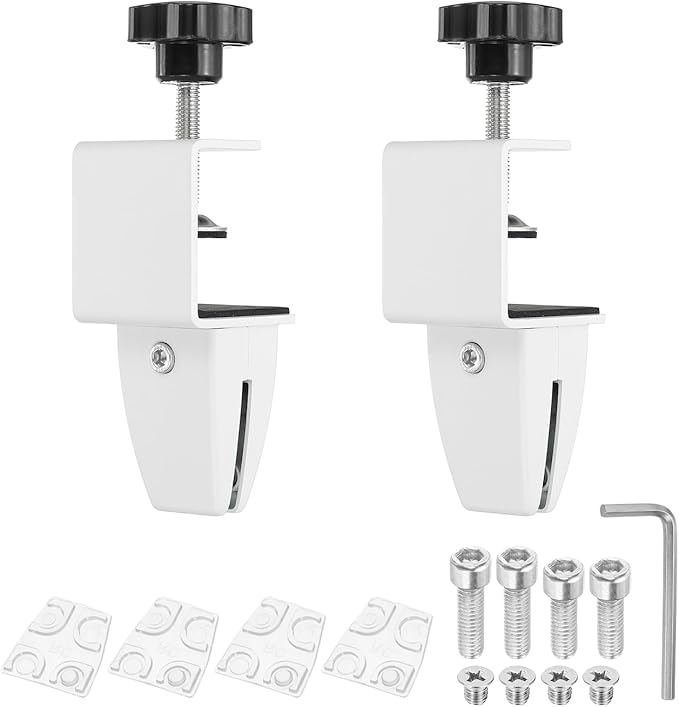 PATIKIL 2 Pcs 1/8" to 1/2" Adjustable Desk Divider Partition Clips, Aluminum Sneeze Guard Support Clamps Desktop Divider Clips for Offices Stores, Counter Privacy Panel,White