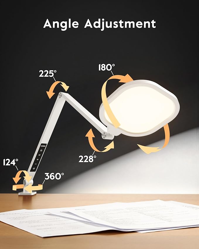 LitONES Led Desk Lamp with Clamp, 1200LM Dimmable Home Office Desktop Light, 3000k-6500k Adjustable Swing Arm Ring Light for Video Conference, Study, Reading, Zoom Calls, Streaming (White)