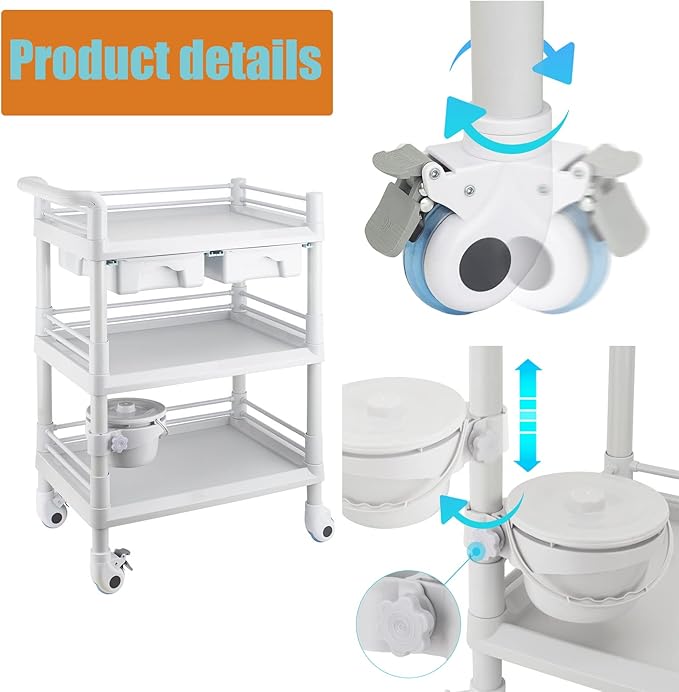 Rolling Utility Cart,Qiwey Medical Utility Cart with Drawers,3-Tier Esthetician Cart with Wheelsfor Beauty Salon SPA Commercial Hospital Office Lab Cart White
