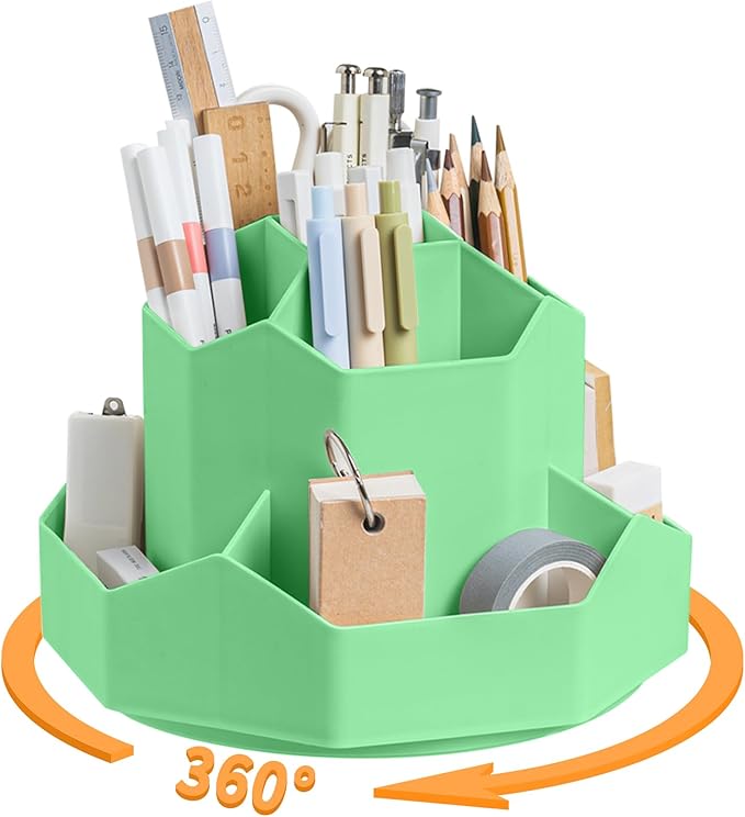 Pencil Pen Holder for Desk,9 Slots 360 Degree Rotating Desk Organizers,Desktop Storage Stationery Supplies Organizer, Cute Pencil Cup Pot For Office, School, Home(Green)