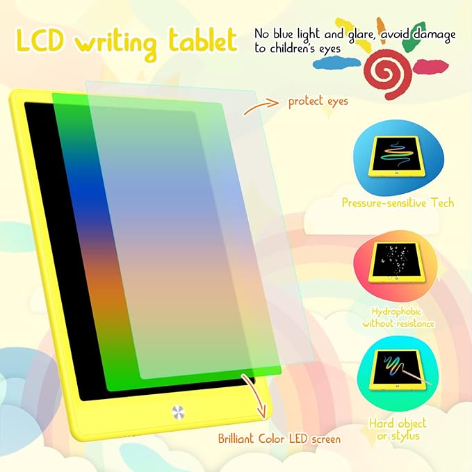 BUKEBU LCD Writing Tablet Doodle Board,12.5 inch Colorful Drawing Pad,Electronic Drawing Tablet, Drawing Pads,Travel Gifts for Kids Ages 3 4 5 6 7 8 Year Old Girls Boys (Yellow)