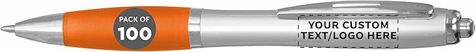 DISCOUNT PROMOS Personalized Ballpoint Pens With Rubber Grip, 100 pack Customizable Ergonomic Click-to-Write Custom Writing Pens for School with Black Ink, Orange