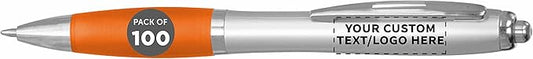 DISCOUNT PROMOS Personalized Ballpoint Pens With Rubber Grip, 100 pack Customizable Ergonomic Click-to-Write Custom Writing Pens for School with Black Ink, Orange