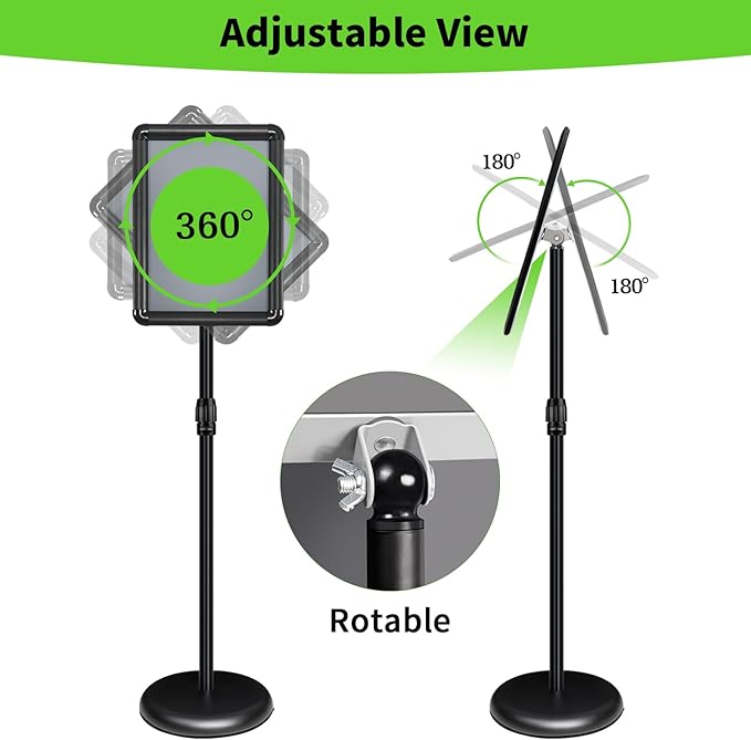 INNOVSIGN Adjustable Pedestal Sign Holder Stand 8.5''x11'', Floor Standing Poster Sign Stand, Aluminum Frame for Vertical/Horizontal View Sign Stand,Outdoor/Indoor Standing Sign Holders(Black, Round)