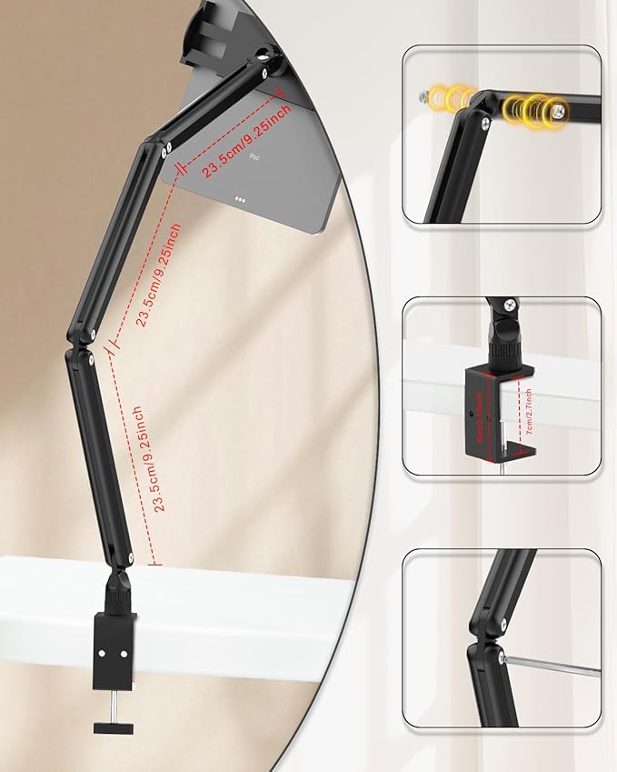 Tablet Stand for Desk/Bed, Adjustable iPad Holder Clamp Mount, Foldable Tablet Arm, 360° Rotation, Compatible with 5.7''-15.6'' IPhone, iPad Pro, Air, Mini, Kindle, Galaxy Tab, Nintendo Switch
