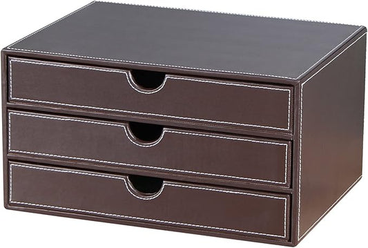 RHCSZ Stackable 3-Drawer Desk Organizer, Executive Office Supplies Desktop Filing A4 File Cabinet/Holder, Leather Storage Box for Document/Paper/Home Decor Accessories (brown)…