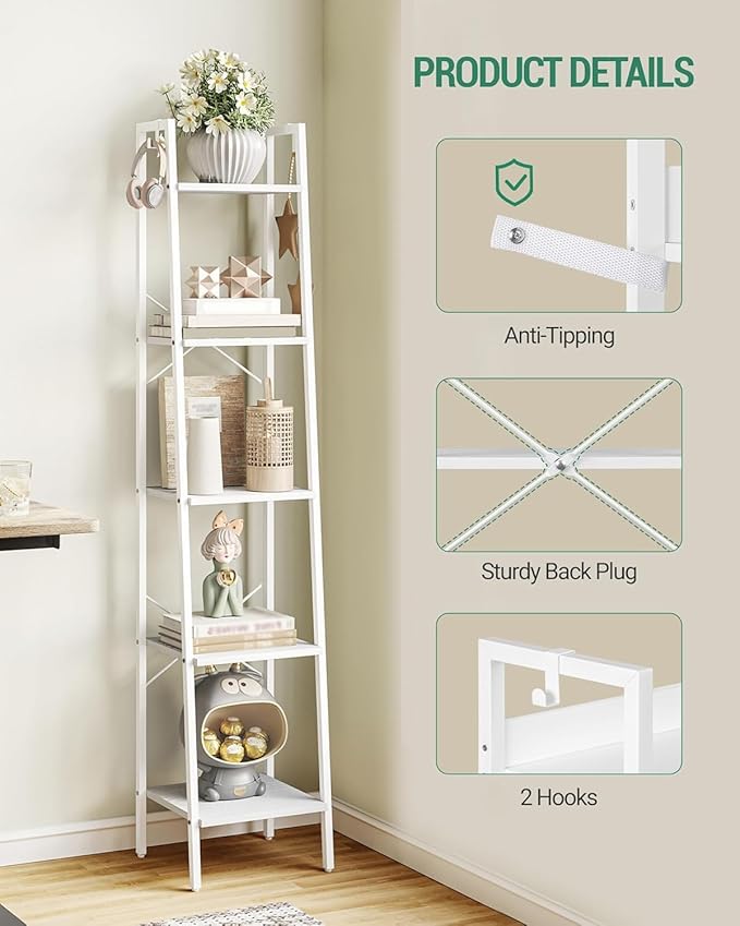 Hzuaneri Ladder Shelf, Bookshelf Bookcase, Freestanding Corner Storage Shelve with 2 Hooks for Home Office, Living Room, Kitchen, Bedroom, Industrial, 5-Tier White BC03213W