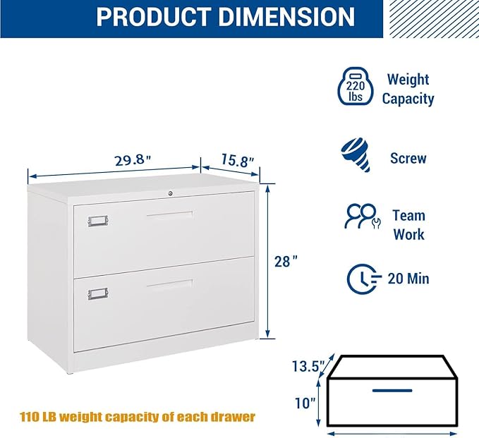 Fesbos Lateral File Cabinet with Lock, 2 Drawer Large Metal Filing Cabinet,Home Office Lockable Storage Cabinet for Hanging Files Letter/Legal/F4/A4 Size-Assembly Required