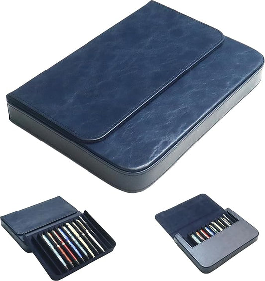 MIVLXLX PU Leather 12 Fountain Pen/Pencil Tray Case Organizer, Fashion Design, Handmade, Magnetic Closure with Drawer, Christmas Gift for Man/Woman/Office, 12 Slots(blue)