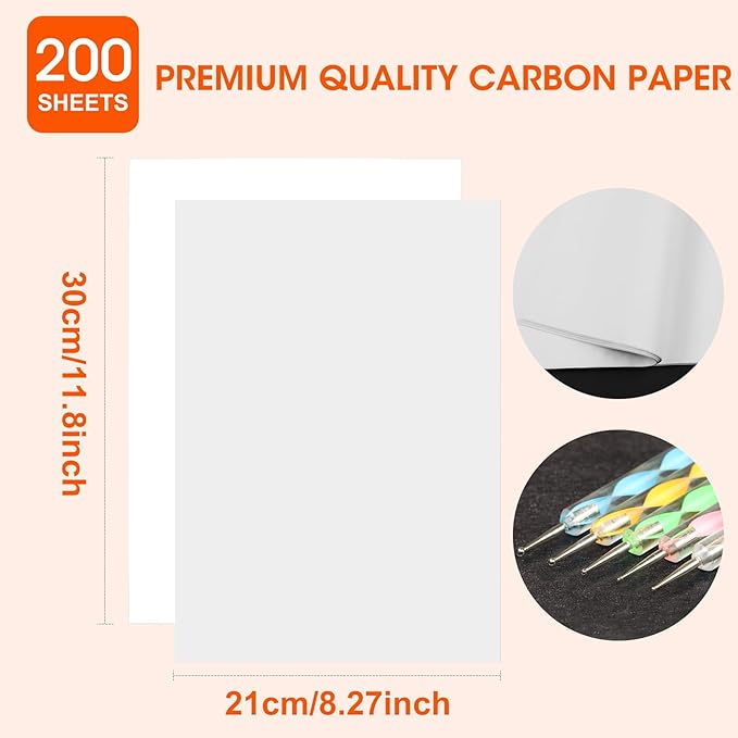200 Sheets White Carbon Transfer PaperGraphite Tracing Paper with Embossing Styluses for DIY Wood Paper Canvas and Other Art Craft Surfaces