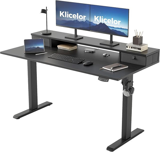 Klicelor 55 Inch Electric Standing Desk with Drawers, Adjustable Height Small Sit Stand Desk for Home Office, Compact Computer Workstation with Storage– Black