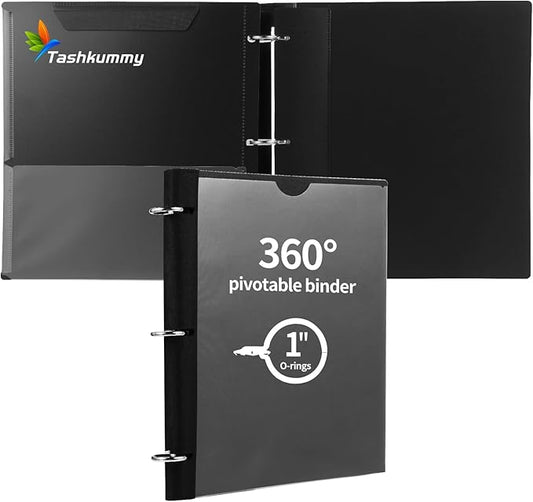 Tashkummy 360 Degree Pivotable Binder, Upgraded 3 Ring Binder 1 inch, Flexible Binders 3 Ring, Foldable Three Ring Binders- Black