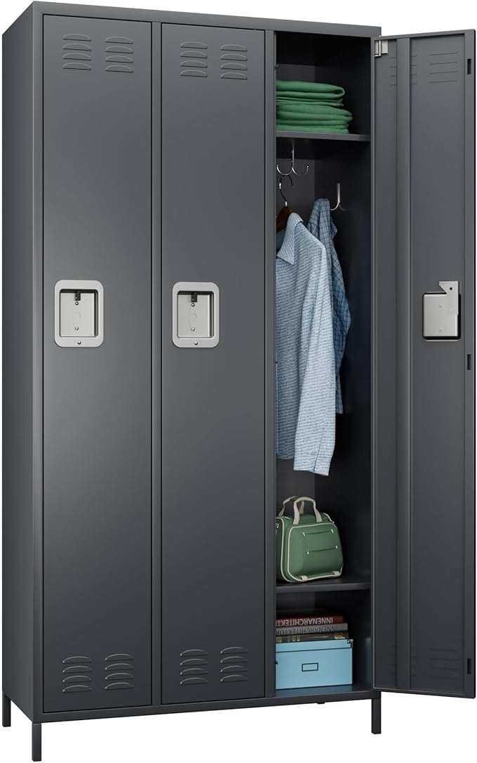 SUPEER Metal Employee Lockers with 3 Doors,Metal Locker with 9 Hooks for Office Gym Garage Home,Assembly Required,Dark Grey