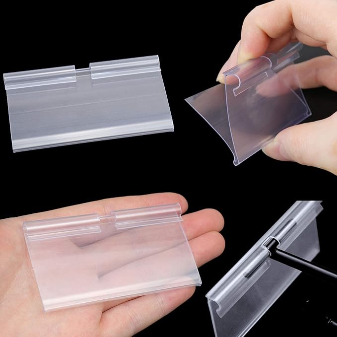 Meetory 50 Pcs Plastic Wire Shelf Label Holders, 3" x 1.65" Clear Price Tag Holder with Double Snap Lock Closure - Reusable Plastic Basket Label Holders for Market, Retail Shop, Pantry, Label Papers