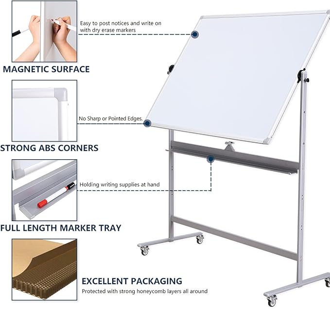 DexBoard Double-Sided 72" x 48" Mobile Whiteboard, Extra Large Rolling Magnetic Dry Erase Board with Stand, Height Adjustable White Board Easel for Office, Classroom & Home
