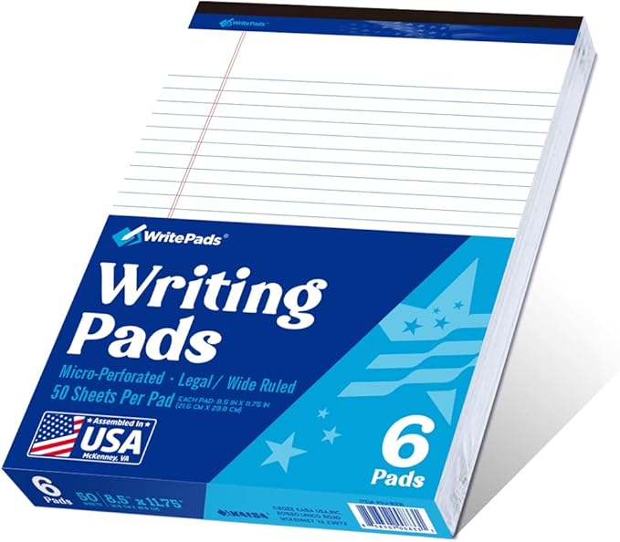 WritePads Legal Pad 8.5 x 11 Note Pad, Wide Ruled Writing Pad, White Paper, 6-Pack, 50 Sheets Per Pad, Micro-Perforated Notepad, Office Supplies (KSU-8331) - Made in the USA
