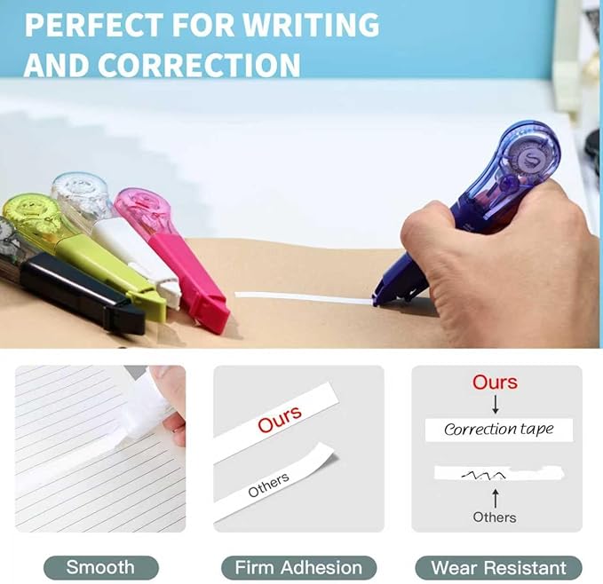 WISOPTUS Correction Tape Pen, 10-Count Pack, 19.69ft Each, Dry Instantly, Stretch Resistant, not Easy to Break, as Smooth as Writing, Perfect for School, Office Supplies, Black White Red Yellow Blue