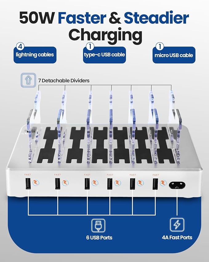 6-Port USB Charging Station with 6 Included Cables, Fast Charging Hub for iPhone Android Cell Phone, Tablet, Smartwatch - Multi Port Desktop Organizer (Silver)