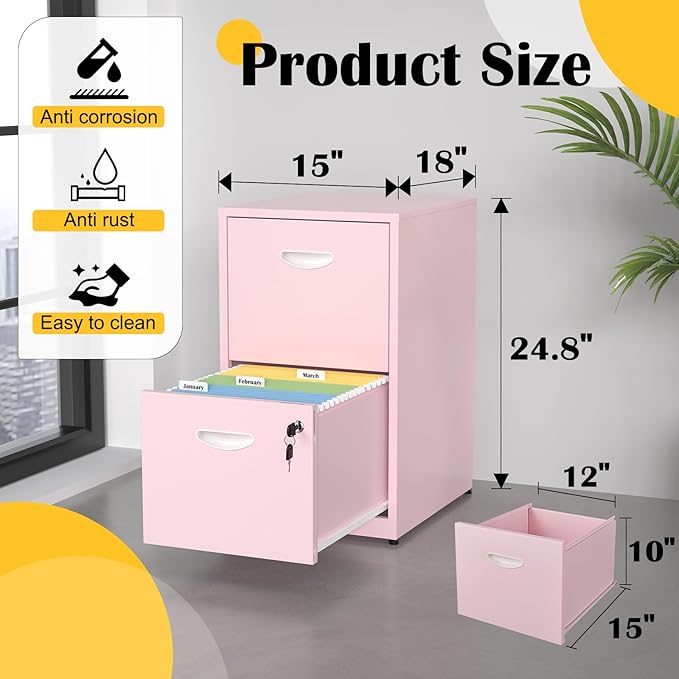 SteeLoong 2 Drawer File Cabinet with Lock,Pink Metal Office Drawers Filing Cabinets for Home Office, Two Drawer Under Desk File Cabinet for Hanging Letter,Easy Assemble | with Lock, Office Drawers, Filing Cabinets, Two Drawer, Under Desk, for Hanging L...