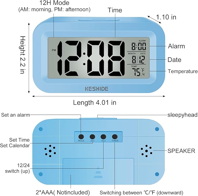 KESHIDE Travel Digital Alarm Clock Battery Operated with Indoor Temperature, Desk Small Clock,Snooze Model,12/24H Display for Bedrooms Heavy Sleepers Kids Travel Bathroom (Black)