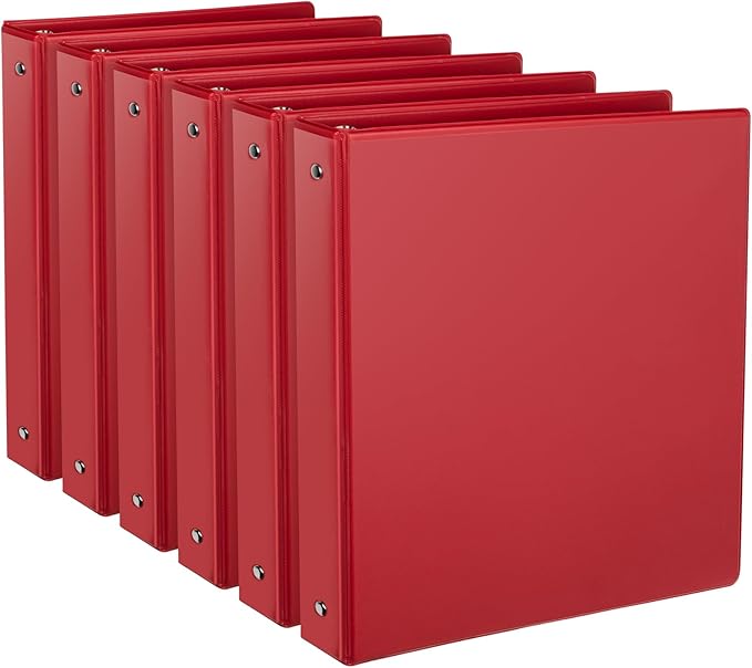 CIXILDTS 1-Inch Round Ring Binder, Standard 3 Ring Binder Fit Letter Size Paper, Presentation View Binders, 6-Pack, Red