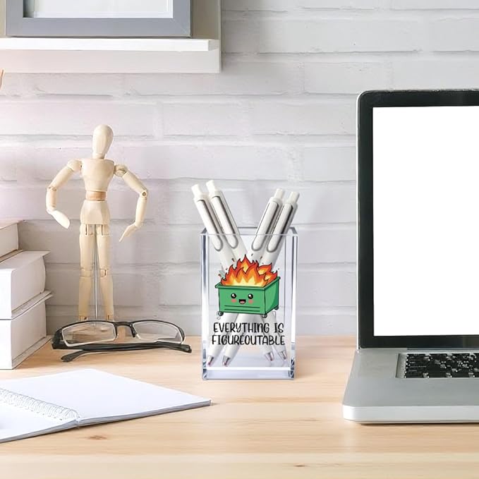 Vgrti Everything is Figureoutable Acrylic Cosmetic Pencil Pen Holder Cup, Emotional Dumpster Fire Pencil Pen Holder Cup, Therapy Gifts, Mental Health Gifts for Women Colleague Boss Teacher