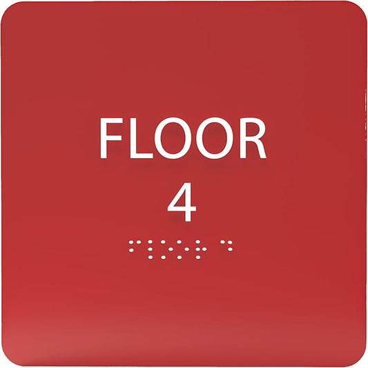 Red ADA Floor 4 Sign with Braille – Made from Durable Acrylic and Ready to Mount