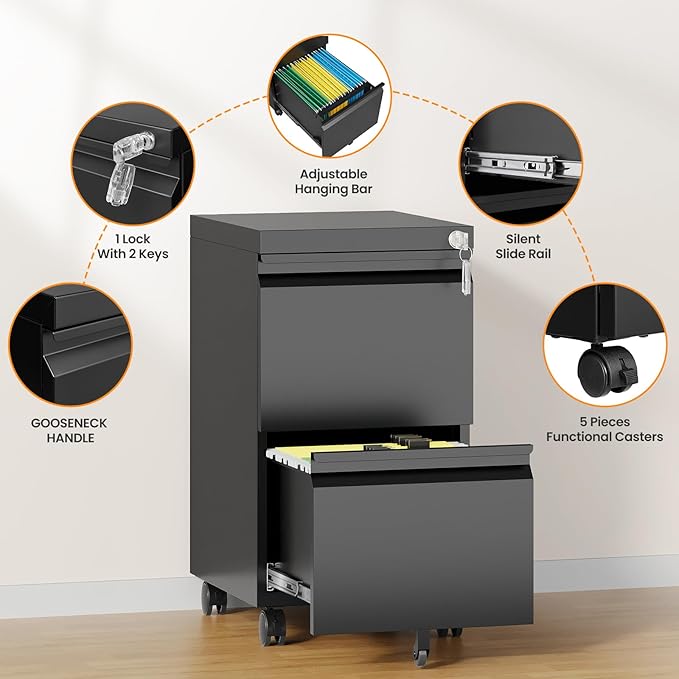 AFAIF 2 Drawer File Cabinet with Lock, Rolling File Cabinets for Home Office, Small Metal Filing Cabinet Office Drawers Under Desk for Letters/Legal/A4 Size, Assembly Required