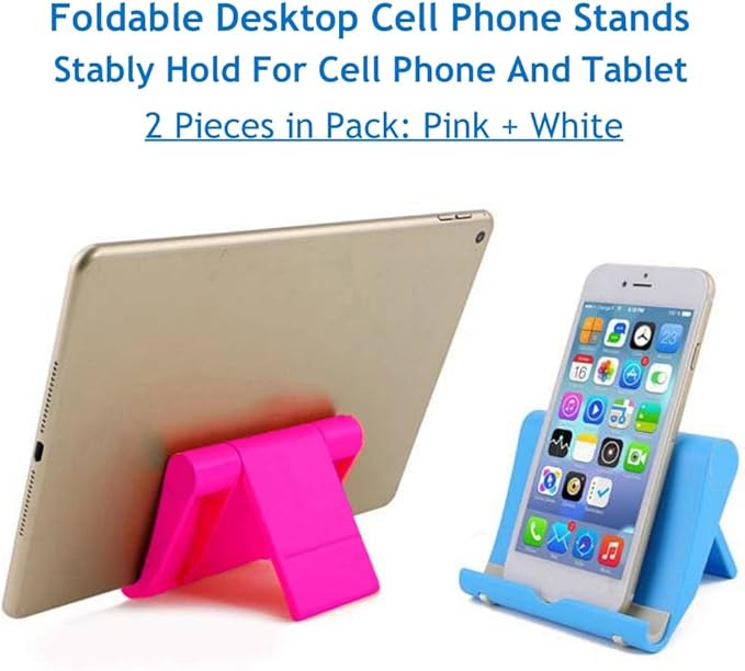 JUSDIQIR Cell Phone Stand for Desk Foldable Cell Phone Holder Desk Tablet Holder Mobile Phone Dock, Multi-Angle Universal Adjustable Tablet Dock (Pink+White)