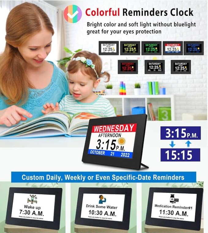 Véfaîî 2025 New, Digital Dementia Clock with Date and Time for Elderly, 10 Levels Auto Dimmer, 19 Alarms & Custom Reminders, Sun/Moon Icons, Auto DST, Large Display for Seniors- 7" with Remote