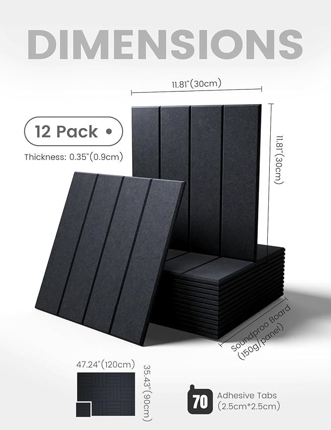 Fluxynara Felt Bulletin Board Tiles Large 48" x 36" Cork Board Alternative-12 Pack with 70 Adhesive Tabs, Thick Slat Wall Panels for Office Decor, Push Pin Board Wall Organizer -Deep Charcoal Blue