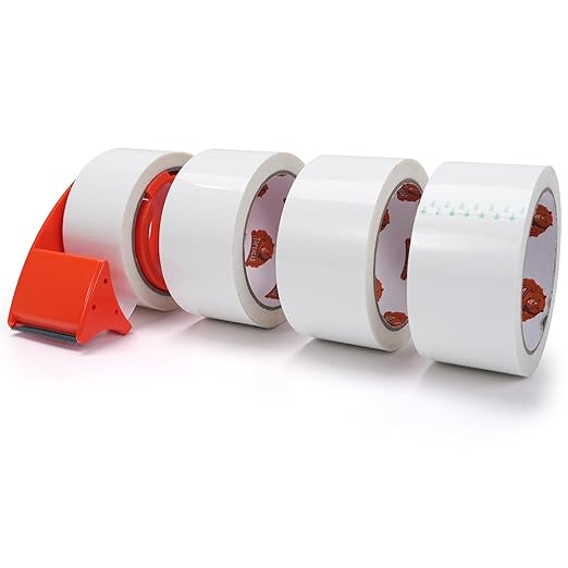 TAPEBEAR White Packing Tape with Dispenser, 1.88 Inch x 60 Yards Packaging Tape, 4 Refills Rolls Decorative Moving Tape for Boxes, Shipping and Sealing