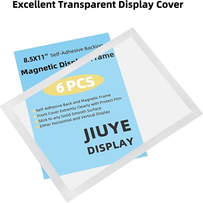 JIUYE 8.5 x 11 Self Adhesive Magnetic Sign Holder,Dual Sides Transparent Magnetic Window Display Frame for Office/Store/School as Shop Notice Frame/Schedule (8.5"x11" 6Pcs, Silver)