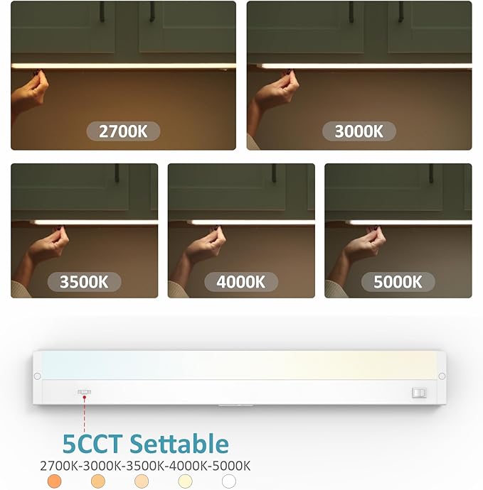 Leetdud LED Under Cabinet Lighting Hardwired or Plug in, 18 Inch 9W, Dimmable 5 Color 2700K/3000K/3500K/4000K/5000K, Linkable Eyes Care Design Counter Lights for Kitchen, Sink, ETL Listed, White